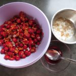 Hagebutten mit Kandiszucker, Honig und Rotwein vermengen