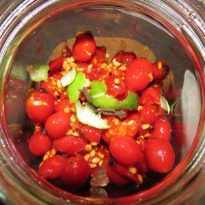 in sterilisierte Glasgefäße füllen, Gewürze beigeben und mit Alkohol aufgießen